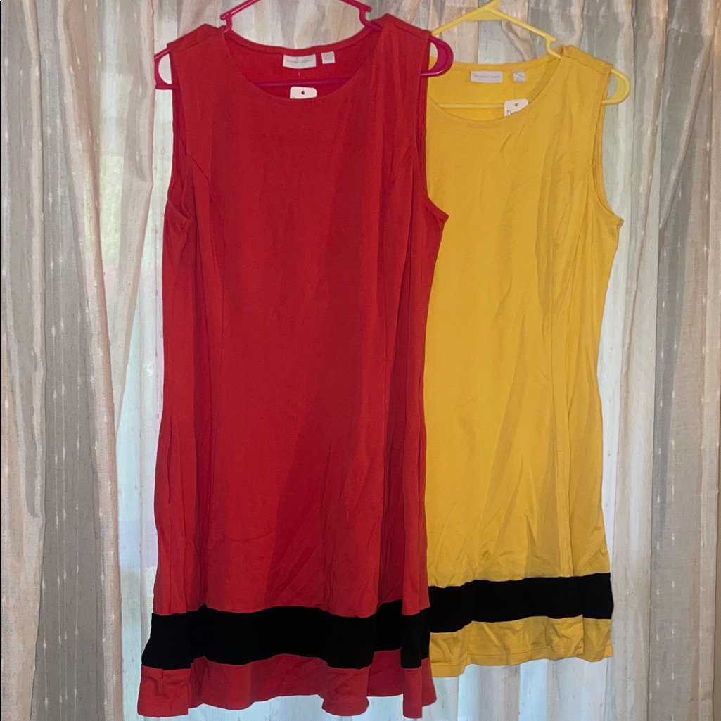 New York & Company Coral And Yellow Midi Dresses